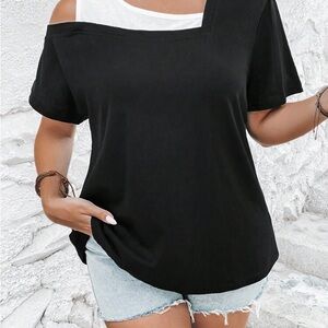 SHEIN Black and White Asymmetrical Short Sleeve Top